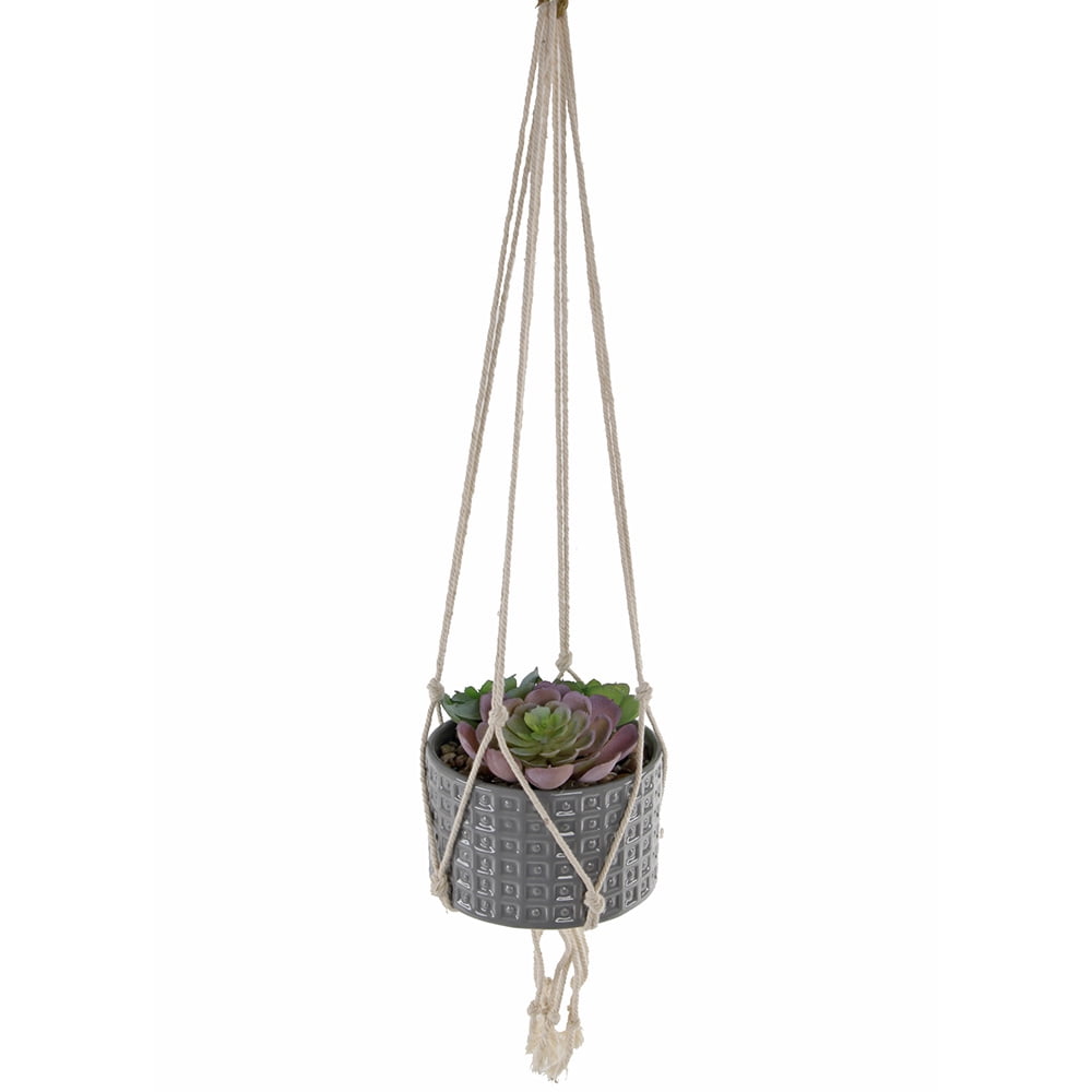 4.5" FAUX SUCCULENTS GARDEN MACRAME GREY HANGING CERAMIC PLANTER