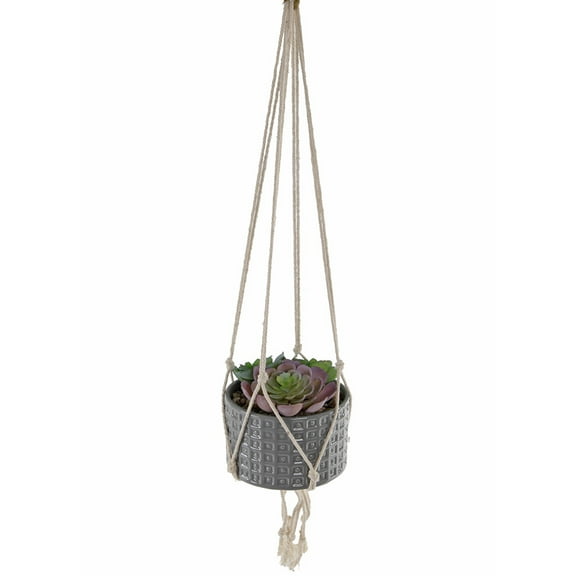 4.5" FAUX SUCCULENTS GARDEN MACRAME GREY HANGING CERAMIC PLANTER