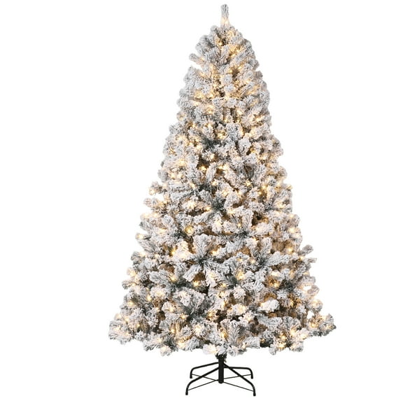 4.5 FT Pre-Lit Christmas Tree Snow Flocked Full Prelighted Artificial Xmas Tree Hinged Pine Tree w/ Metal Stand, Warm Light