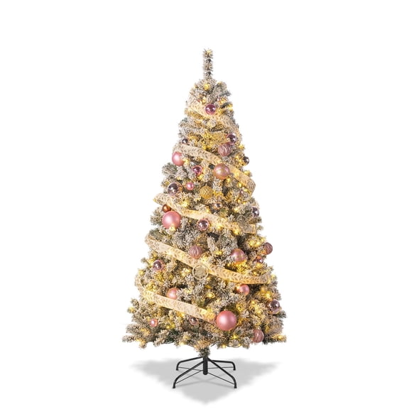 Dimedeal 4.5 FT Pre-lit Artificial Christmas Tree, Snow Flocked Xmas Tree with 100 LED Light Beads, String Lights, 400 Branch Tips, Metal Hinges & Foldable Base(Green)