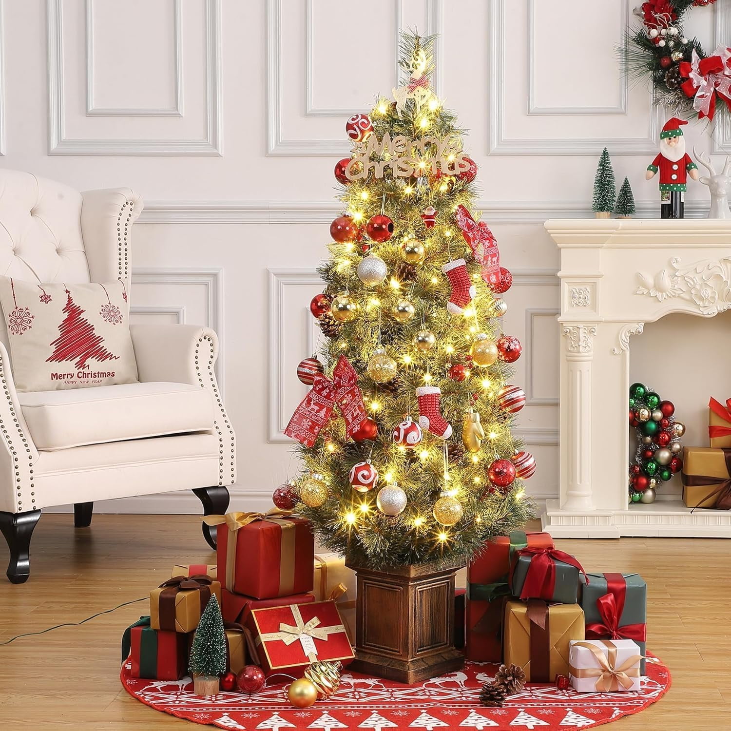 4.5 Ft Christmas Tree Potted Pre-Lit Artificial Christmas Tree Tabletop ...