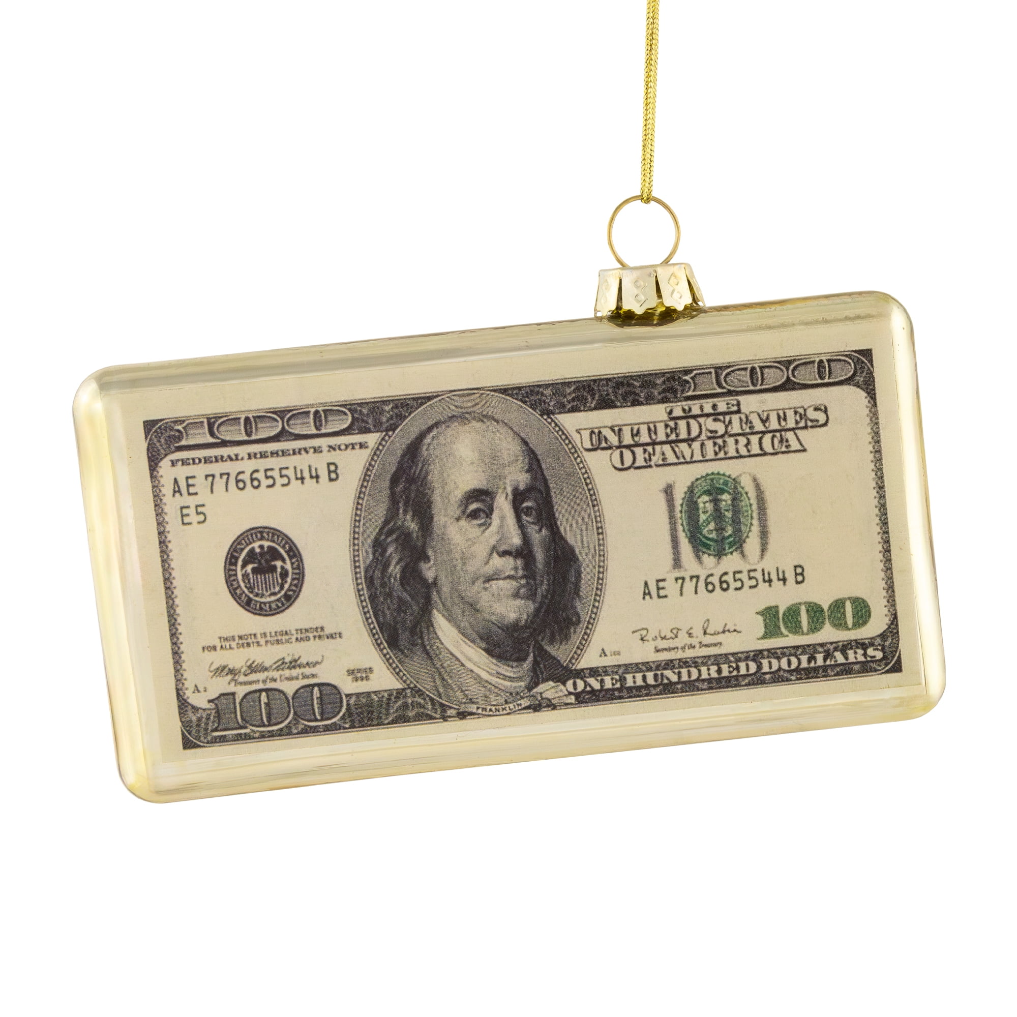 4.5" Gold 100 Dollar Bill Glass Christmas Ornament