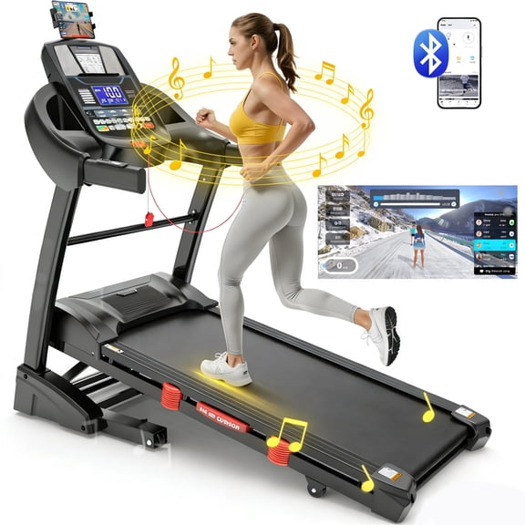 4.8 HP Portable Folding Treadmill with APP Control,300-400lbs Folding Treadmill with Incline\Free Courses\Bluetooth Speakers\LED Display\71 Programs for Home & Office Use, 12MPH/h, Knee Straps Bonus