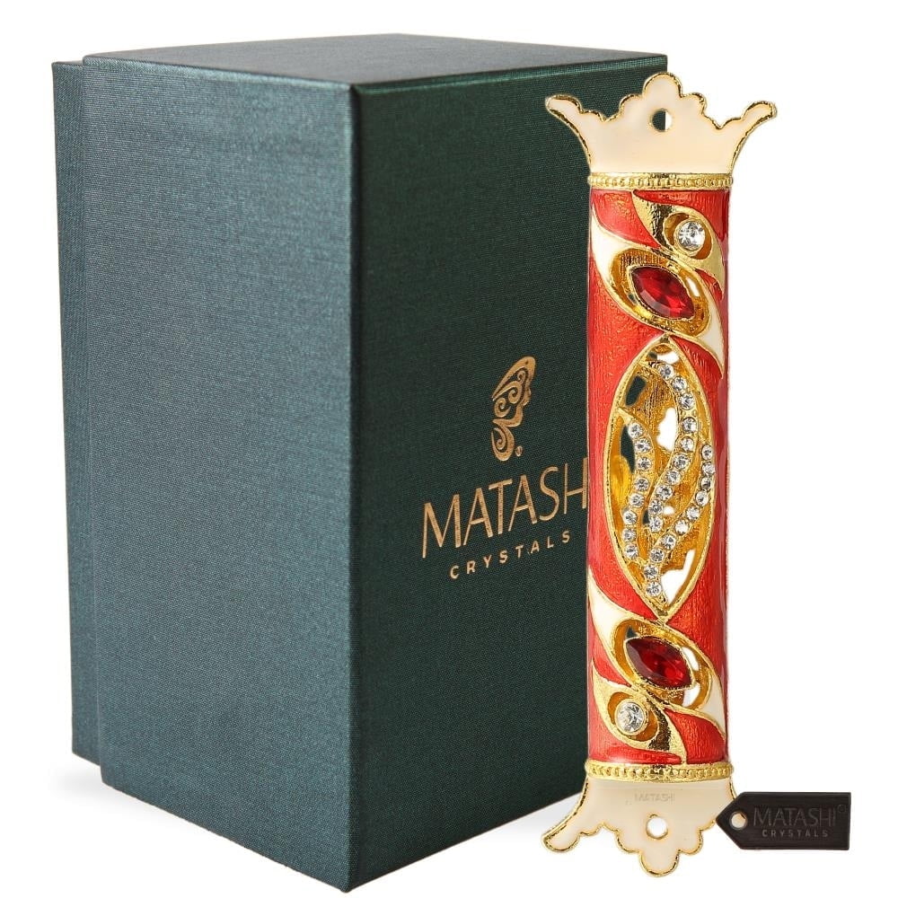 Matashi Brass Hand-Painted Enamel Mezuzah Royal Red Theme with Gold Accents and Fine Red & Clear Crystals