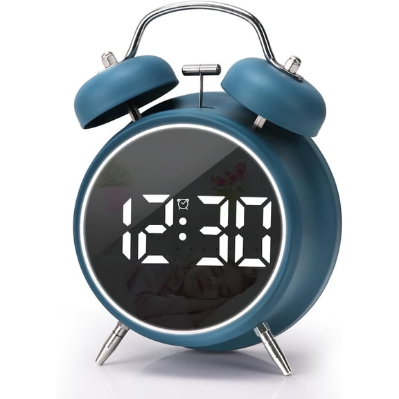 4.5 Inch Double Bell Digital LED Alarm Clock, Plug-in or Battery Operated Silent Metal Table Clock, Modern Loud Bedside Clock for Heavy Sleepers, Adults, and Kids(Blue)