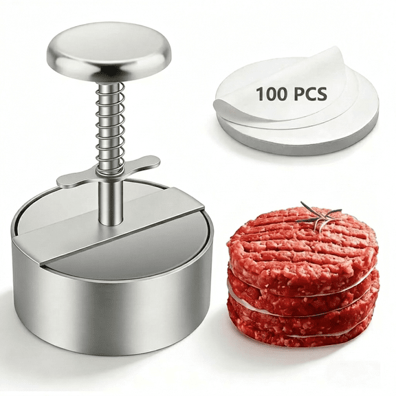 4.5 Inch Hamburger Press, Round Stainless Steel Burger Patty Press, Adjustable Burger Maker with Clear Scales, Easy to Clean for Kitchen, BBQ & Sandwich
