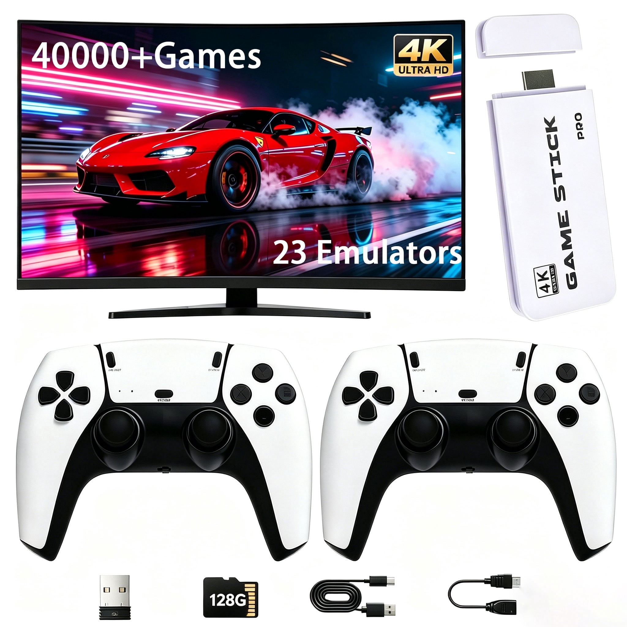2026 Upgraded Gaming Console,40000+Games and 23 Emulators,128GB , Plug and Play 4K HD HDMI TV Game Stick, with Dual 2.4G Wireless Controllers