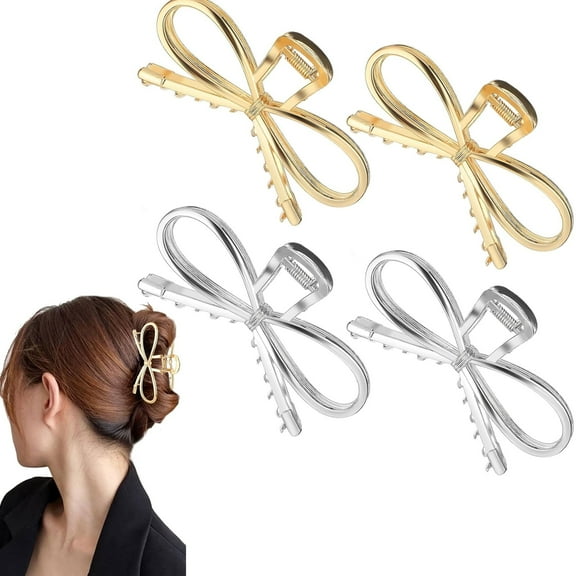 4.5 Inch Metal Bow Claw Hair Clips - Cute Bowknot Hair Jaw Clips with Strong Hold for Thick and Thin Hair - 4 Pcs, Gold & Silver