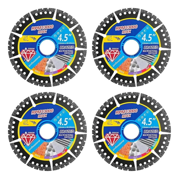 4.5-Inch Multi-Material Diamond Cutting Blade for Angle Grinder - Heavy Duty Blade for Stone, Tile, Concrete, Brick & Metal with Heat Dispersion Design (4pcs)