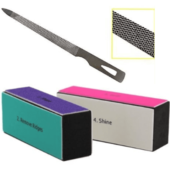 4.5 Inch Stainless Steel Triple Cut Nail File for Fingernails, Toenails, Scraping, Strengthening, Three (3) Pack, plus a 4 sided shining block