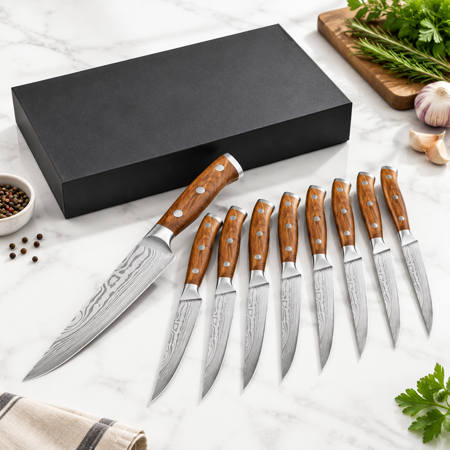 4.5 Inch Steak Set Of 8 Ss Non Serrated Dinner Wooden Handle