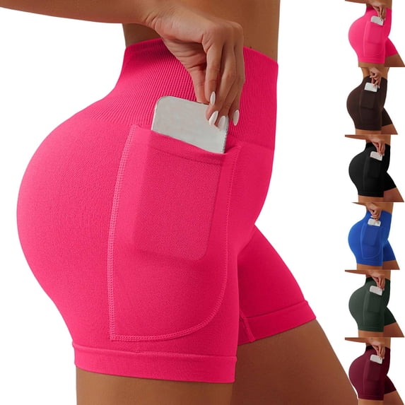 4" 5" Inseam Biker Shorts with Pockets Womens Short Leggings High Waisted Athletic Sports Exercise Active Nylon Butt Lifting Tummy Control Compression Activewear Fitness Hot Pink S