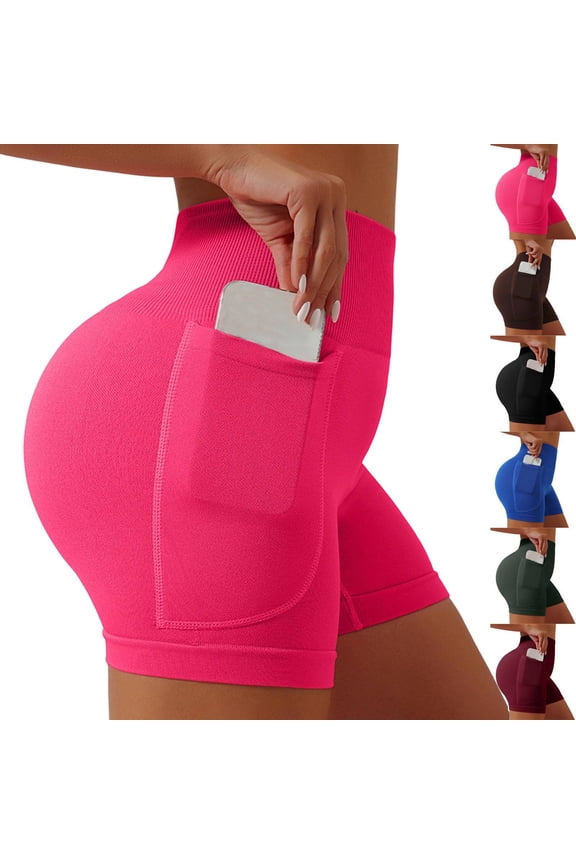 4" 5" Inseam Biker Shorts with Pockets Womens Short Leggings High Waisted Athletic Sports Exercise Active Nylon Butt Lifting Tummy Control Compression Activewear Fitness Hot Pink S