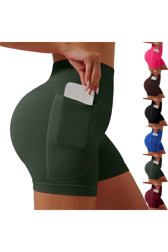 4" 5" Inseam Biker Shorts with Pockets Womens Short Leggings High Waisted Athletic Sports Exercise Active Nylon Butt Lifting Tummy Control Compression Activewear Fitness Dark Green L