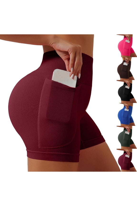 4" 5" Inseam Biker Shorts with Pockets Womens Short Leggings High Waisted Athletic Sports Exercise Active Nylon Butt Lifting Tummy Control Compression Activewear Fitness Wine L