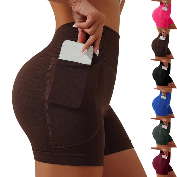 4" 5" Inseam Biker Shorts with Pockets Womens Short Leggings High Waisted Athletic Sports Exercise Active Nylon Butt Lifting Tummy Control Compression Activewear Fitness Coffee XL