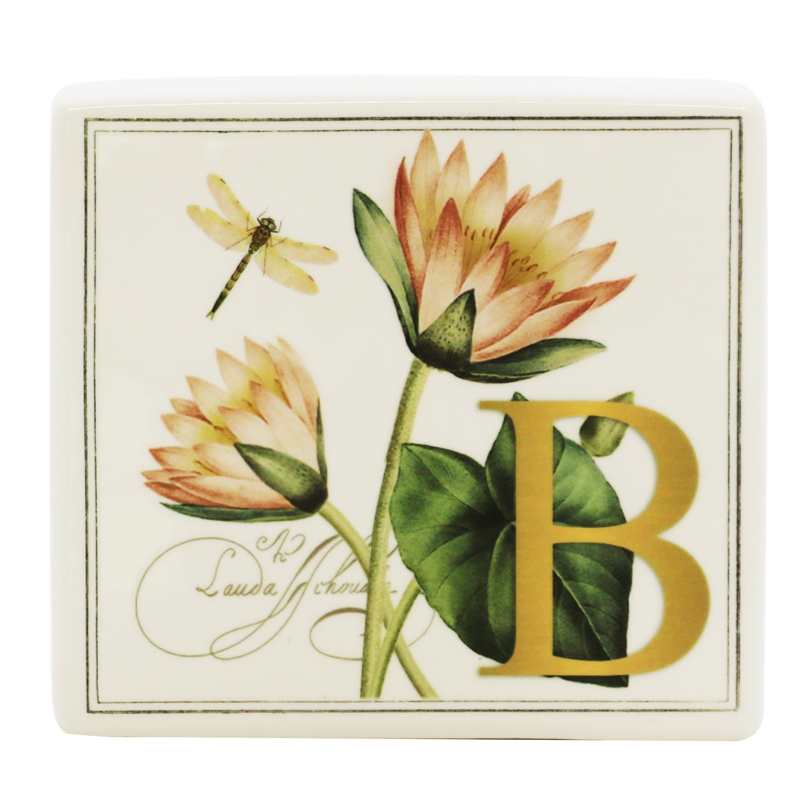 4.5" White Ceramic Lily Monogram Block with Gold Letter