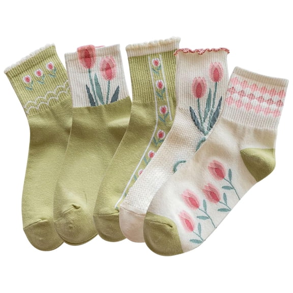 4/5 Pack Cute Womens Floral Socks, Cotton Vintage Embroidered Casual Crew Socks