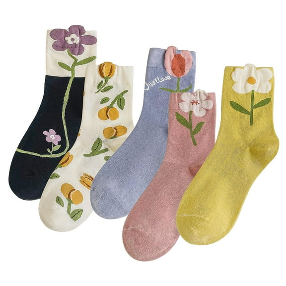 4/5 Pack Cute Womens Floral Socks, Cotton Vintage Embroidered Casual Crew Socks