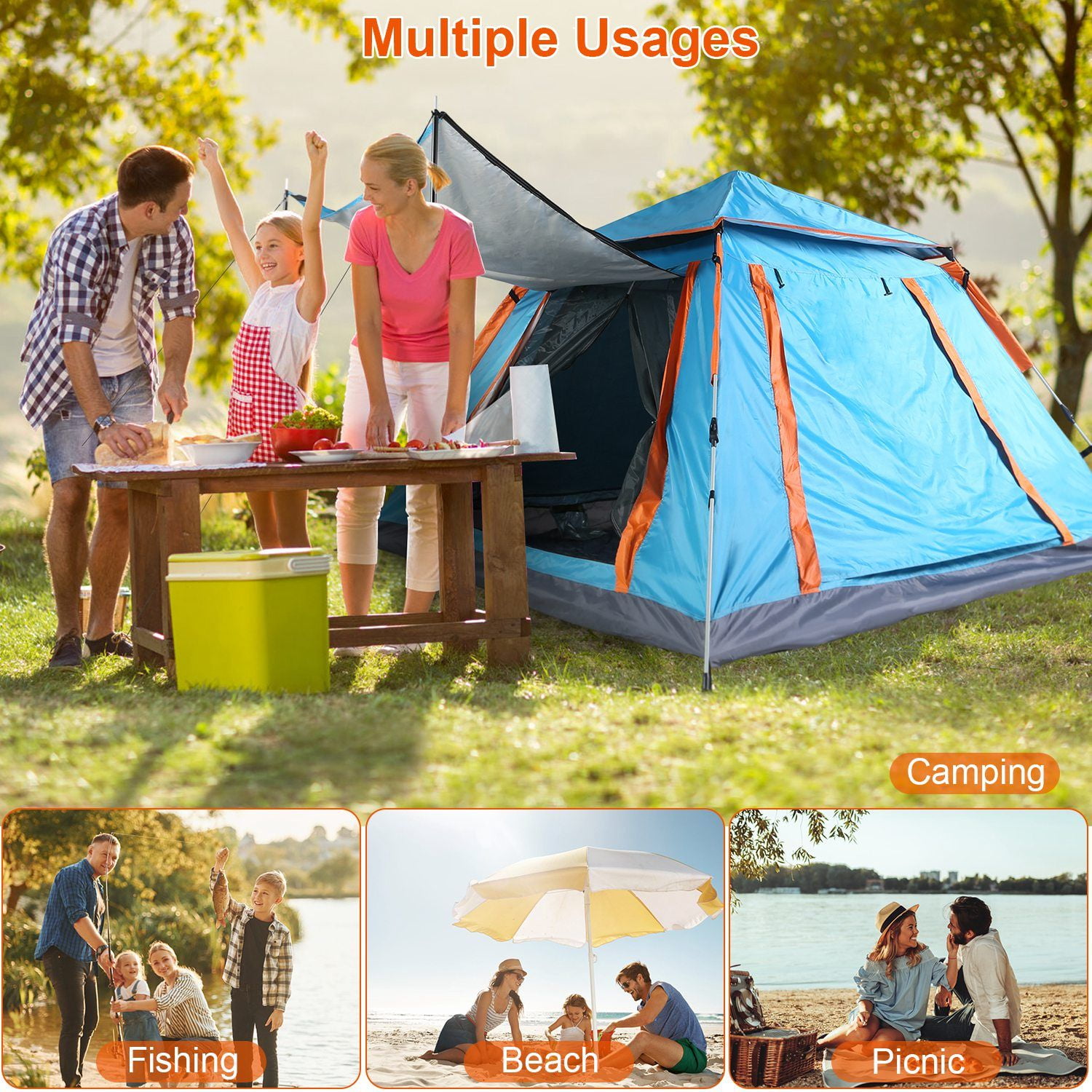 4-5 Person Pop-Up Camping Tent, Instant Setup Family Tent with 2 ...