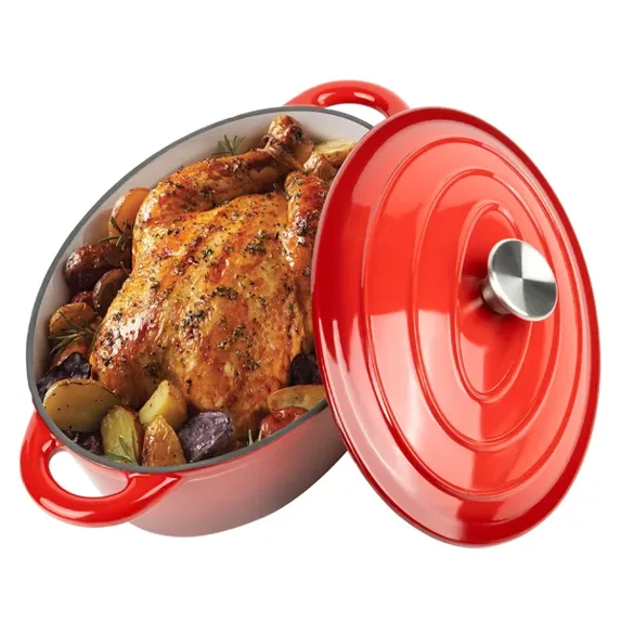 4.5 QT Enameled Cast Iron Oval Dutch Oven Nonstick Soup Pot with Self-Basting Lid Heat Resistant 500°F for All Stovetops Induction Gas Grill, Oven & Refrigerator Safe