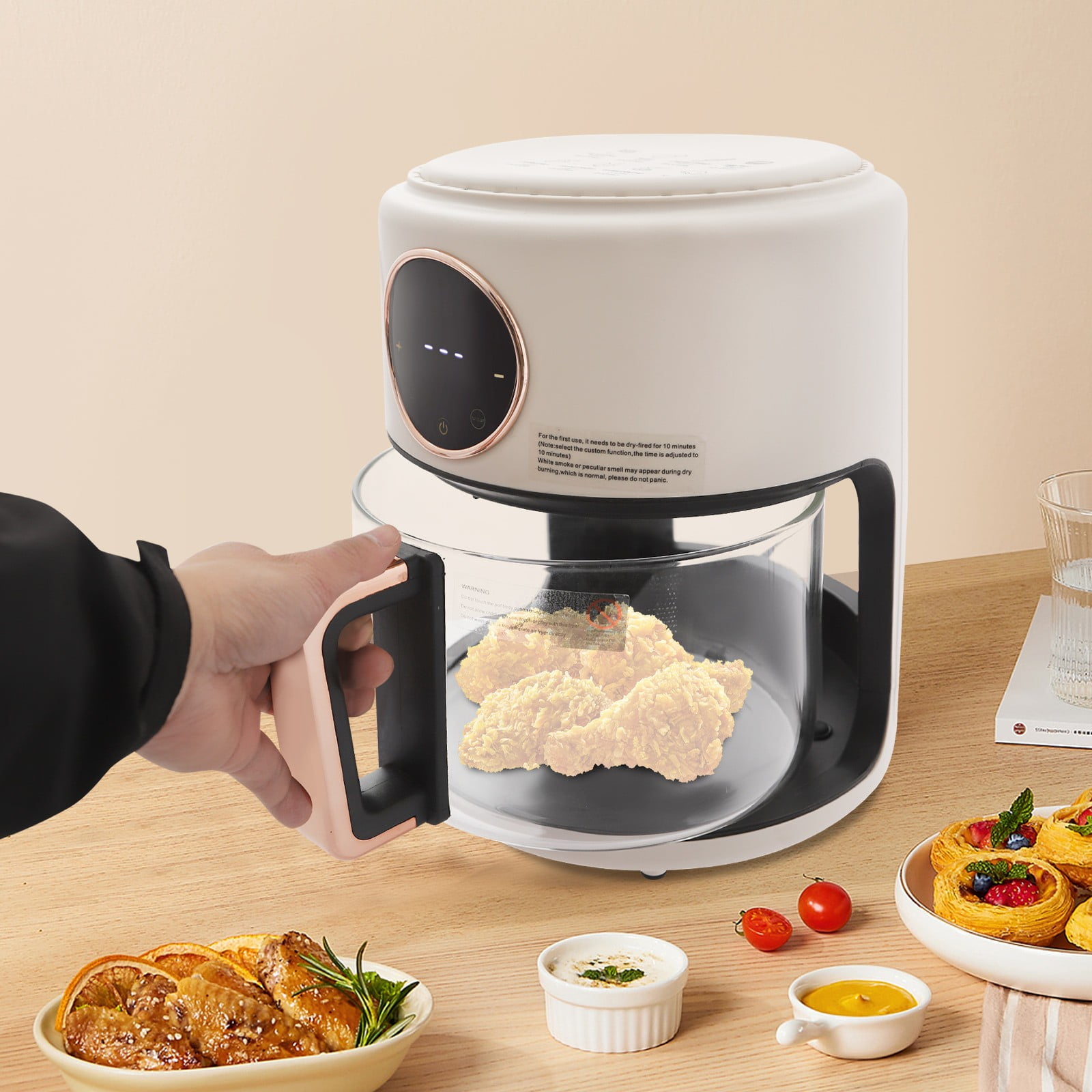 4.5 Quart Air Fryer, Borosilicate Glass Basket - Nonstick & Dishwasher Safe, 360° View, Adjustable Temperature, Touch Panel Control, 0-60min Timer 1200W for Home Kitchens (White)