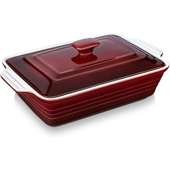 4.5 Quart Ceramic Casserole Dish with Lid, 9x13 Baking Dish for Oven, Lasagna Pan Deep with Handles, Stoneware Bakeware, Oven & Dishwasher Safe, Gradient Red