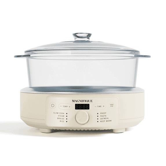 MAGNIFIQUE 4.5 Quart Cream White Glass Claypot Multi-Cooker, Programmable Round Slow Cooker with Removable Glass Pot