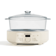 MAGNIFIQUE 4.5 Quart Cream White Glass Claypot Multi-Cooker, Programmable Round Slow Cooker with Removable Glass Pot