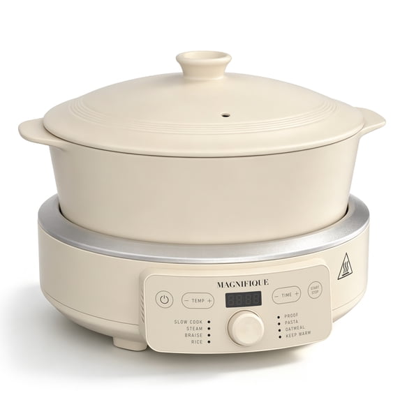 MAGNIFIQUE 4.5 Quart Cream White Round Claypot Multi-Cooker, Digital Slow Cooker with Removable Non-Toxic Pot