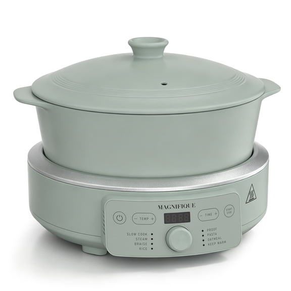 MAGNIFIQUE 4.5 Quart Olive Green Round Claypot Multi-Cooker, Digital Slow Cooker with Removable Non-Toxic Pot
