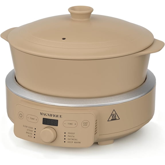 4.5 Quart Slow Cooker, 8-in-1 Casserole Programmable Round Multi-Cooker, Non-Toxic Clay pot Cooker for Rice, Pasta, Steam & Proof, Oven Safe Pot to 450F, Brown