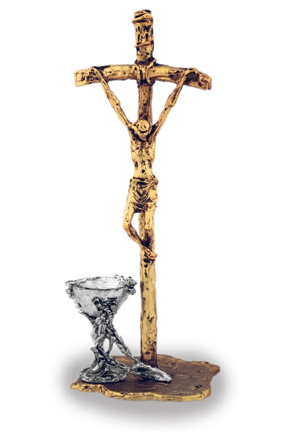 4.5" Saint John Paul II Crucifix and Chalice Statue, Gold-Tone Cross with Silver-Tone Chalice