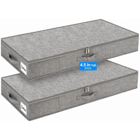 4.5 in Tall Low Profile Under Bed Storage Containers, 2 Pack, Grey | 40L Structured Clothes Organizer Bin with Reinforced Sides & Bottom, Shallow Design for Clothing & Blankets