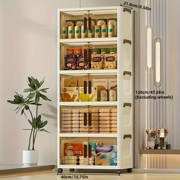 4/5-Tier Heavy-Duty Plastic Folding Storage Cabinet with Lid - Foldable Stackable Unit w/Wheels - Space-Saving for Wardrobe/Bedroom/Office/Kitchen Organization