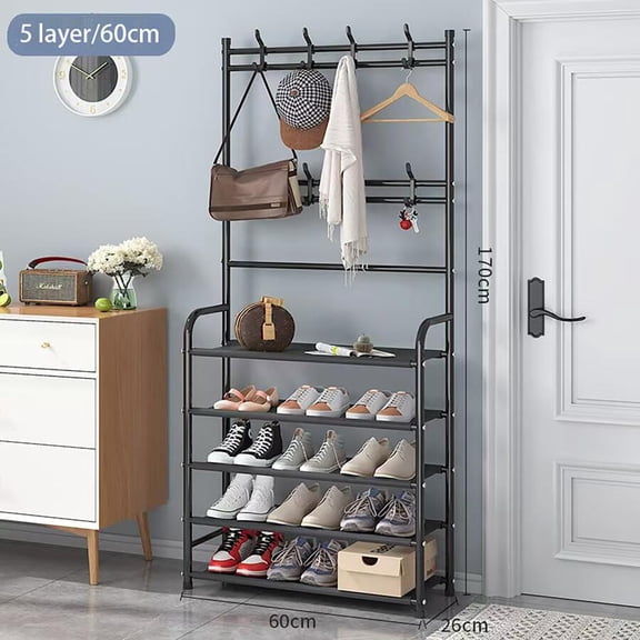 4/5-Tier Metal Coat and Shoe Rack, Freestanding Entryway Storage Organizer with Shoe Shelves and Hanging Hooks, 23.6-Inch Wide Hallway Rack for Living Room, Bedroom and Bathroom