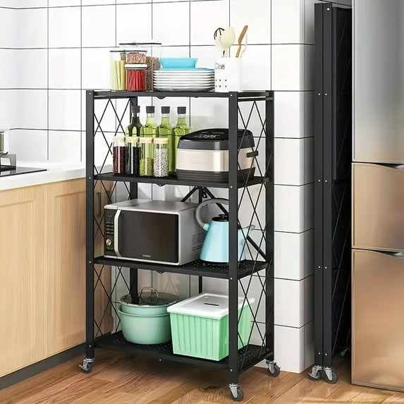 4/5-Tier No-Assembly Foldable Storage Rack with Wheels, 750lb Capacity Heavy-Duty Metal Shelving Unit, Portable Tool Organizer for Garage, Kitchen, Basement & Home Organization