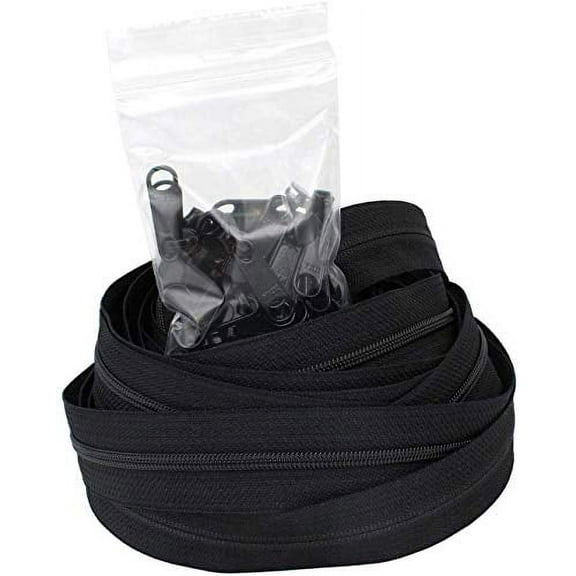 #4.5 YKK Continuous Nylon Coil Black Zipper Chain Includes Black Non-Locking Long Pull Sliders - Color Black - Choose Your Length - Made in The United States (10 Yards & 25 Pulls)