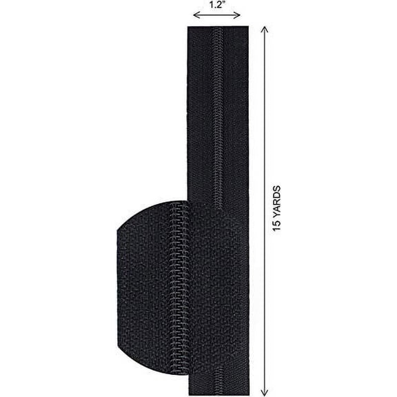 #4.5 YKK Continuous Nylon Coil Black Zipper Chain Includes Black Non-Locking Long Pull Sliders - Color Black - Made in The United States (10 Yards & 25 Pulls)