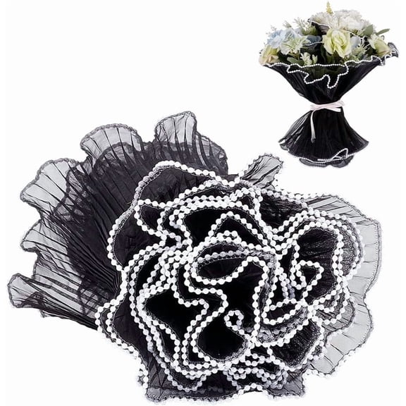 4.5 Yards Black Bouquet Wrapping Mesh Paper 10.9 Inch Wide Flower Wrapping Mesh with Double Ended Pearl Wrinkled Wavy Net Yarn Wrapping for Mother's Day Party Favor Decor Polyester