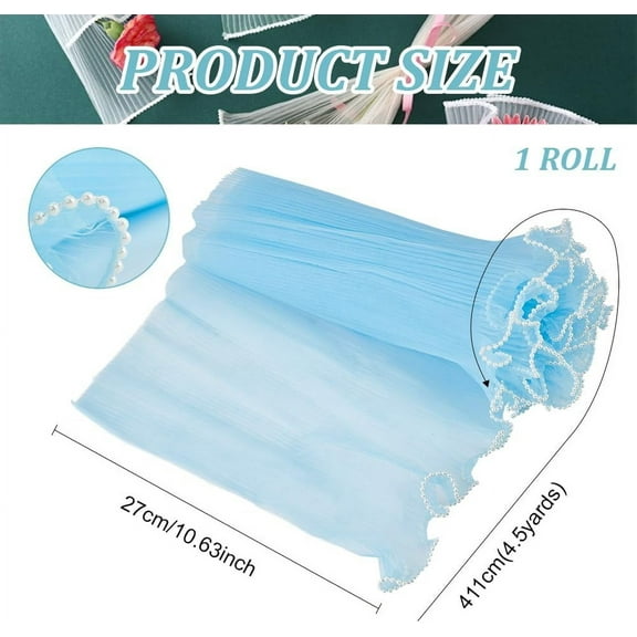 4.5 Yards Flower Wrapping Mesh Paper 10-5/8 inch Bouquet Packaging Paper Wrinkled Wavy Net Yarn with Pearl Edge for Wedding Florist Supplies Gift Packaging Sky Blue