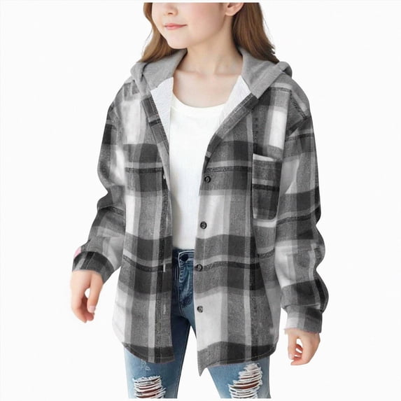 4-5 Years Child Girl Fall Jacket Flannel Shirts Button Hooded Shirt Kids Casual Holiday Jackets 4-15 Years Sports Jacket Dark Gray Hoodie