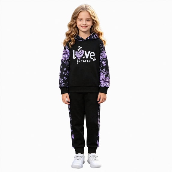 4-5 Years Child Girls 2 Piece Outfits Sweatsuit Set Long Sleeve Sweatshirt Sweatpant Tracksuit Sets Print Hoodie Pants Casual Set