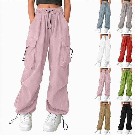 4-5 Years Child Girls High Waisted Cargo Pants Relaxed Fit Wide Leg Trousers with Pockets