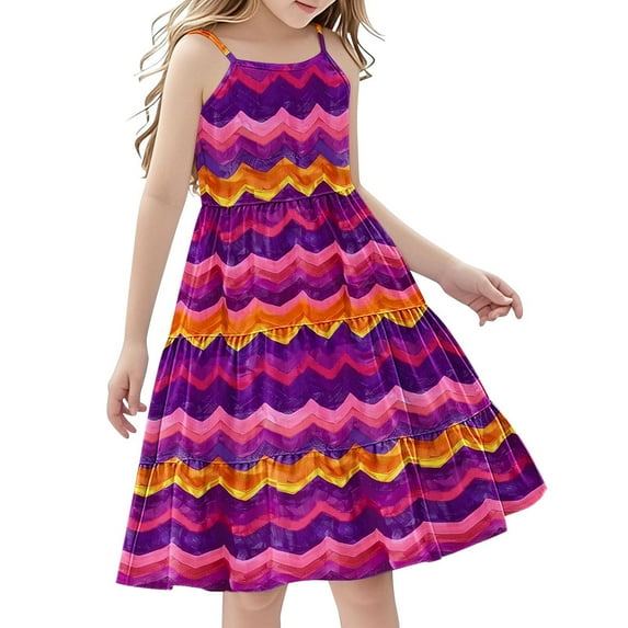 4-5 Years Girl's Summer Dresses Spaghetti Strap Swing Pleated Cotton Dress Tween Kids Boho Beach Casual Midi Sundress for Princess Birthday Party Wedding Prom Gown
