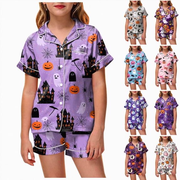 4-5 Years Girls Short Sleeved Top Shorts Home Clothes Halloween Cute Pattern Homewear Set Halloween Pjs Kids Birthday Girl Pajamas