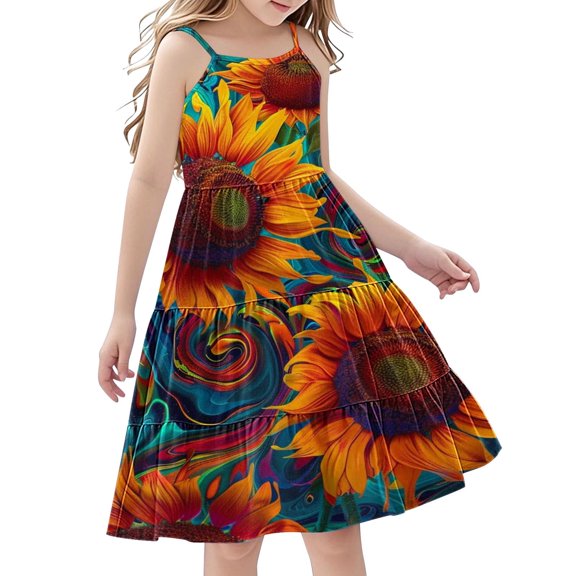 4-5 Years Girls' Summer Floral Dress Kids Sleeveless Square Neck Smocked Flowy Dresses 5-14 Years