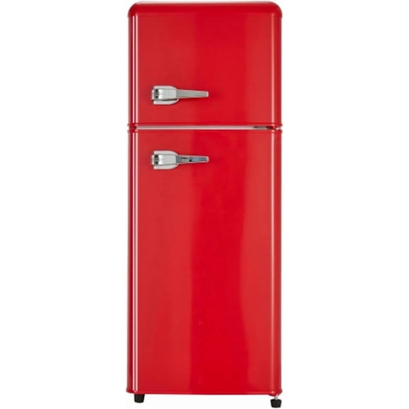 4.5 cu. ft. Dual Zone Refrigerator, 3.3 Fridge + 1.2 cu. ft. 4-Star Freezer, 7 Temperature Settings, 45 dB, Red, Silver Handles, LED Lighting, Adjustable Shelves, 16.69