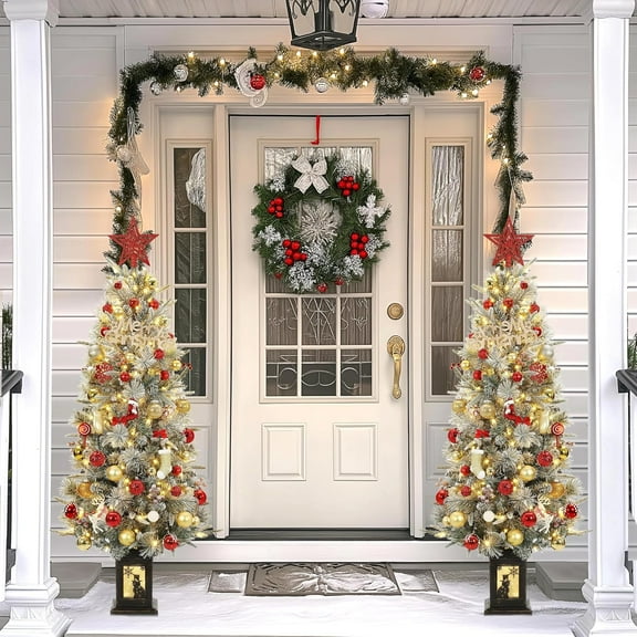 4.5 ft Pre-Lit Artificial Christmas Tree with Warm White LED Lights Snowman Pot 8 Lighting Modes Indoor Outdoor Xmas Tree Decor