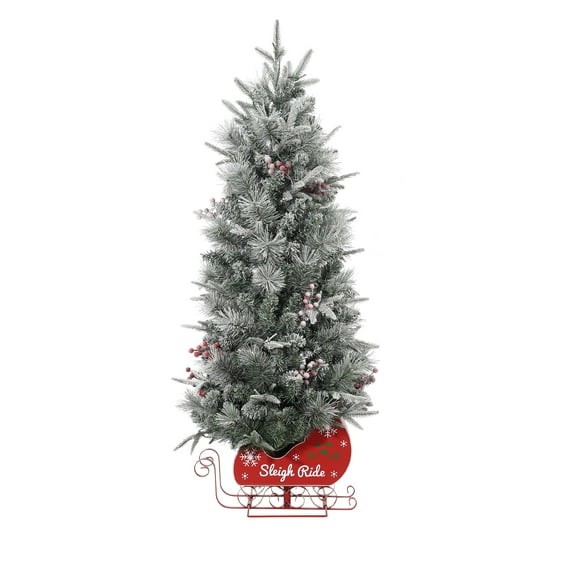 4.5 ft Pre-Lit Christmas Tree, Snow Flocked Artificial Xmas Tree with LED Lights & Sleigh Base for Holiday Home Office Party
